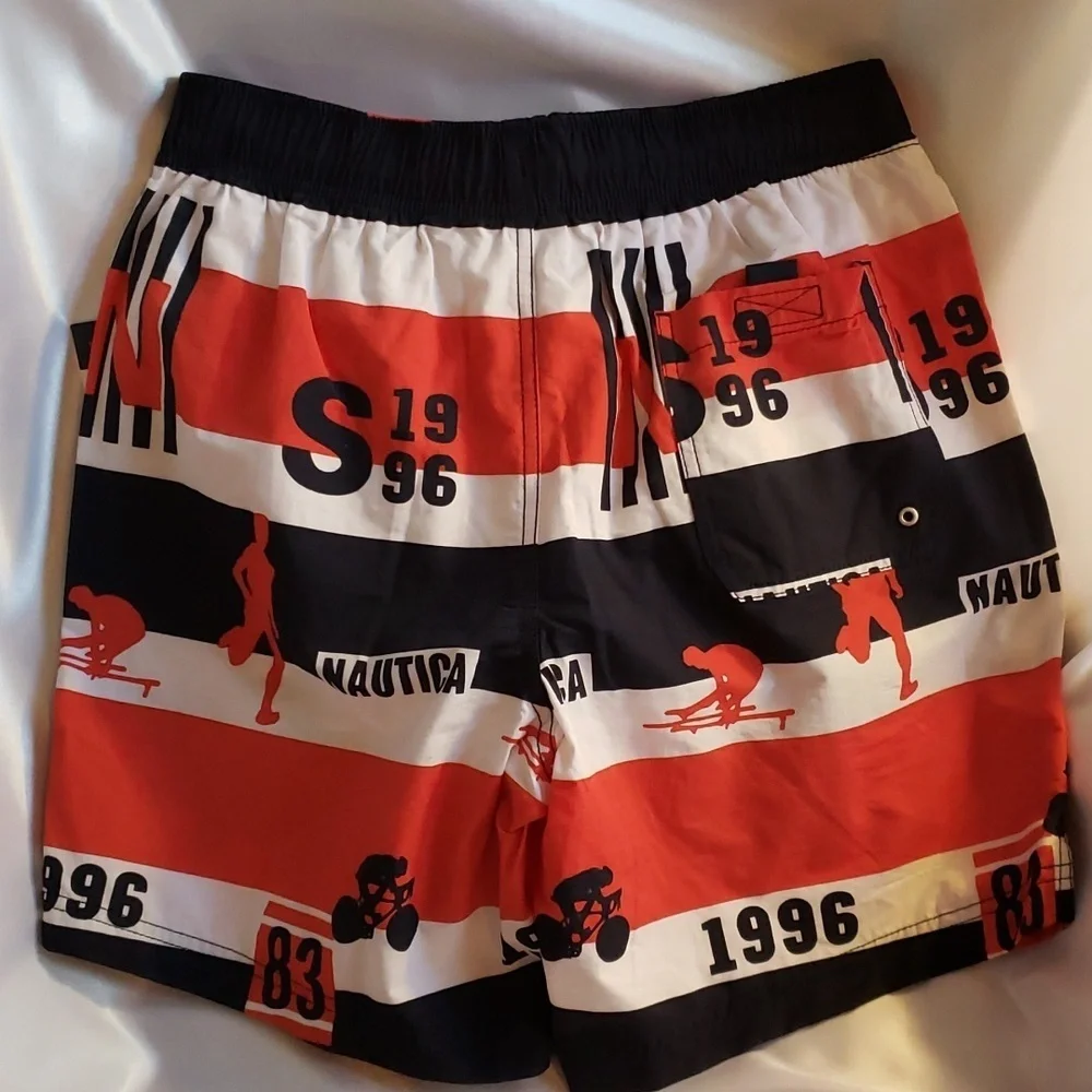Nautica Red, White & Blue Men's Striped Swim Trunks